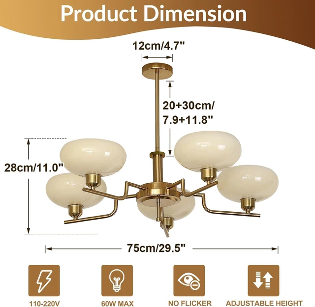 Alt view image 2 of 7 - Mid Century Hanging Modern Chandelier, 5-Light Sputnik Globe Glass Ceiling Light Fixture Adjustable Hanging Farmhouse Chandelier with Cream Yellow Glass Shades for Dining Room Living Room Bedroom