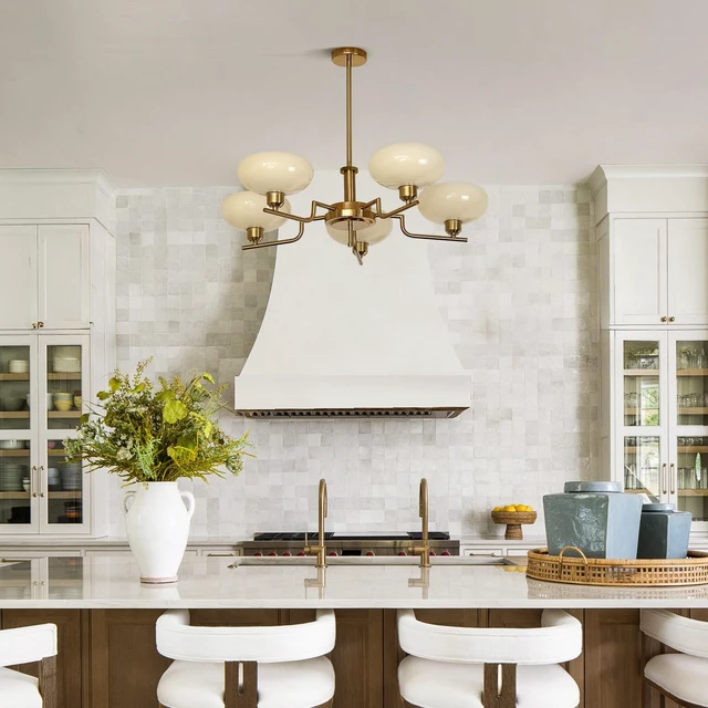 Alt view image 5 of 7 - Mid Century Hanging Modern Chandelier, 5-Light Sputnik Globe Glass Ceiling Light Fixture Adjustable Hanging Farmhouse Chandelier with Cream Yellow Glass Shades for Dining Room Living Room Bedroom