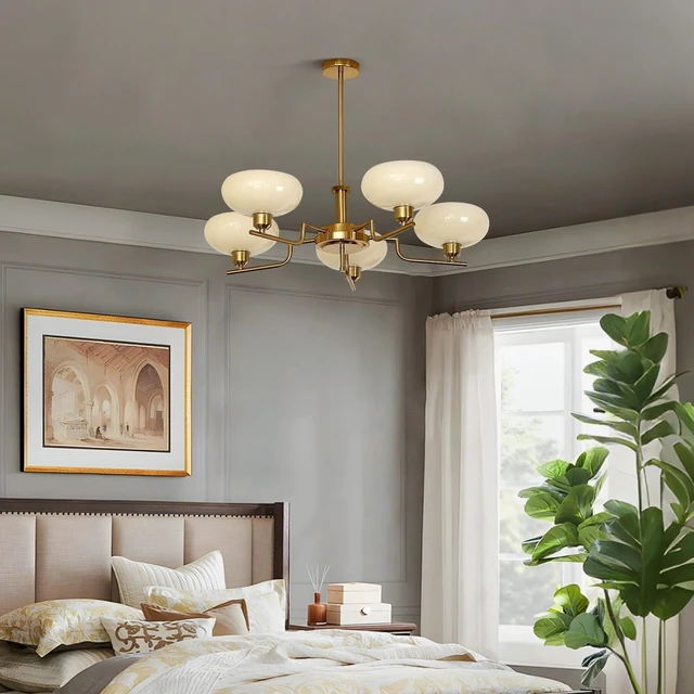 Alt view image 7 of 7 - Mid Century Hanging Modern Chandelier, 5-Light Sputnik Globe Glass Ceiling Light Fixture Adjustable Hanging Farmhouse Chandelier with Cream Yellow Glass Shades for Dining Room Living Room Bedroom