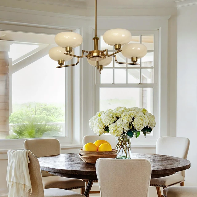 Alt view image 6 of 7 - Mid Century Hanging Modern Chandelier, 5-Light Sputnik Globe Glass Ceiling Light Fixture Adjustable Hanging Farmhouse Chandelier with Cream Yellow Glass Shades for Dining Room Living Room Bedroom