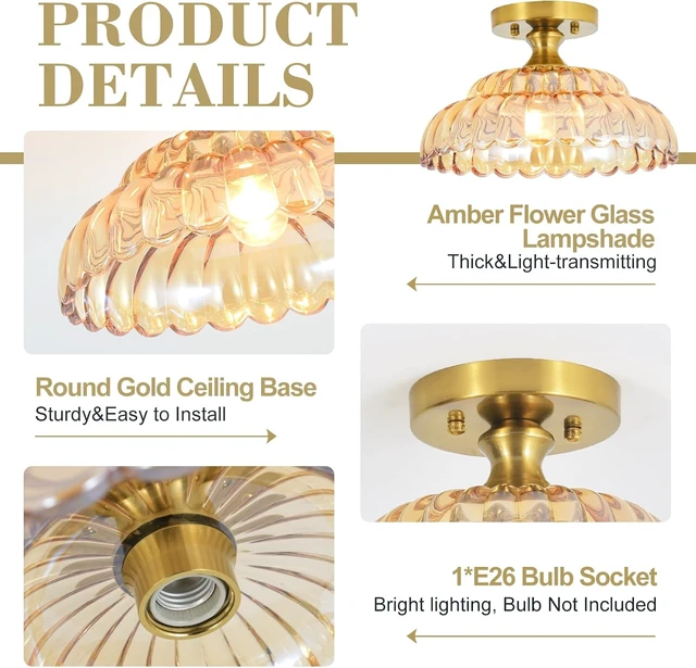 Alt view image 3 of 7 - 12 Inch Amber Semi Flush Mount Ceiling Light for Bedroom