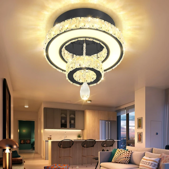 Alt view image 2 of 7 - Flashing God 12" Modern Crystal Chandeliers Flush Mount Ceiling Light Black Chandelier for Hallway LED Dimmable Mini Chandelier for Dining Room Living Room Bedroom