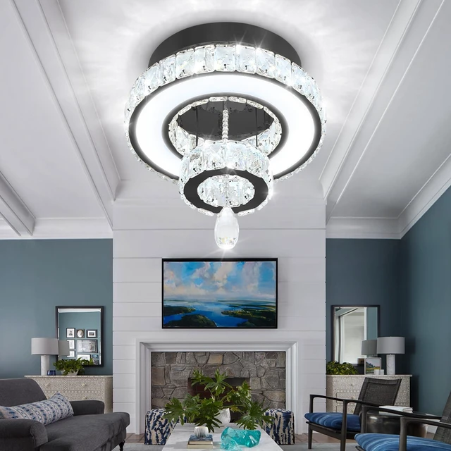 Alt view image 6 of 7 - Flashing God 12" Modern Crystal Chandeliers Flush Mount Ceiling Light Black Chandelier for Hallway LED Dimmable Mini Chandelier for Dining Room Living Room Bedroom