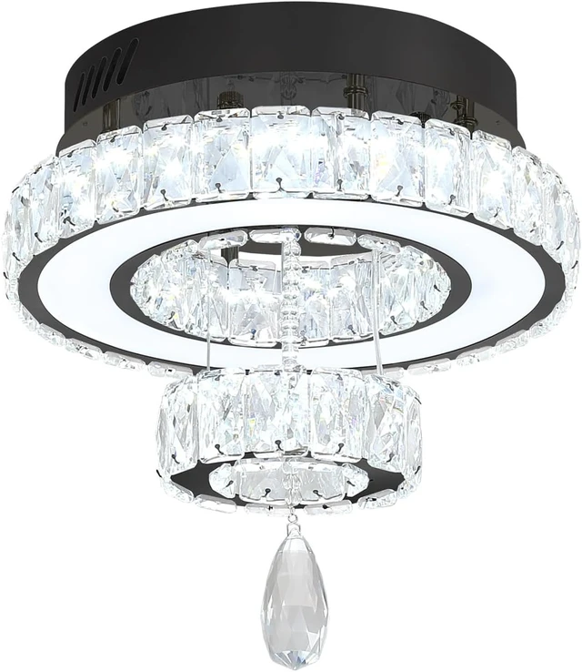 Alt view image 7 of 7 - Flashing God 12" Modern Crystal Chandeliers Flush Mount Ceiling Light Black Chandelier for Hallway LED Dimmable Mini Chandelier for Dining Room Living Room Bedroom