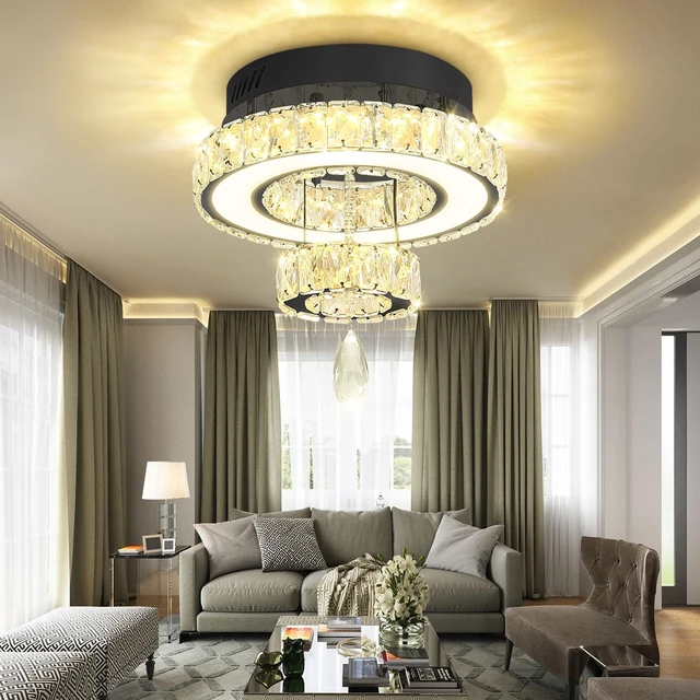 Alt view image 4 of 7 - Flashing God 12" Modern Crystal Chandeliers Flush Mount Ceiling Light Black Chandelier for Hallway LED Dimmable Mini Chandelier for Dining Room Living Room Bedroom
