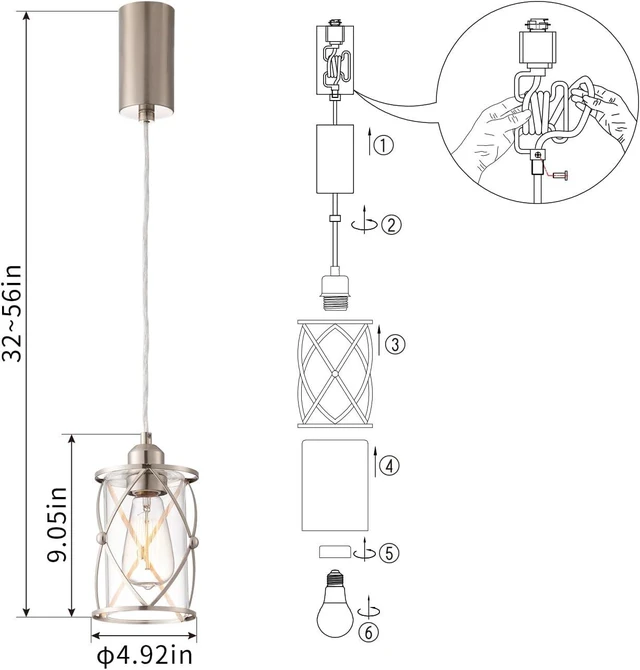 Alt view image 3 of 6 - mirrea H-Type Brushed Nickel Track Lighting Pendant with Dotted Cage Clear Glass, Adjustable Hanging Light, E26 Socket 1 Pack