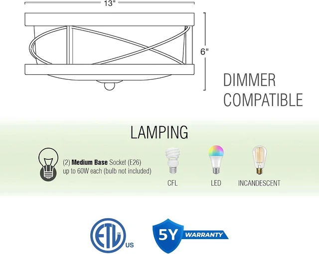 Alt view image 4 of 7 - Kira Home Blaylock 13" Modern Farmhouse Flush Mount Ceiling Light, 2-Light