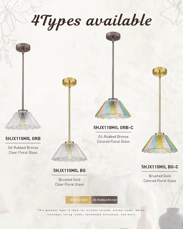 Alt view image 7 of 7 - HWH Modern Hanging Light Fixture, Colored Floral Glass, 5HJX110MIL ORB-C