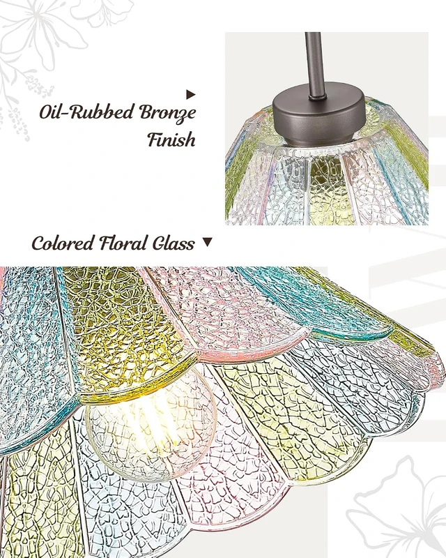 Alt view image 4 of 7 - HWH Modern Hanging Light Fixture, Colored Floral Glass, 5HJX110MIL ORB-C