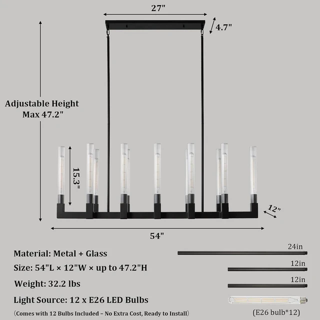 Alt view image 2 of 7 - Black Farmhouse Dining Room Chandelier,Modern Linear Rectangle Chandelier
