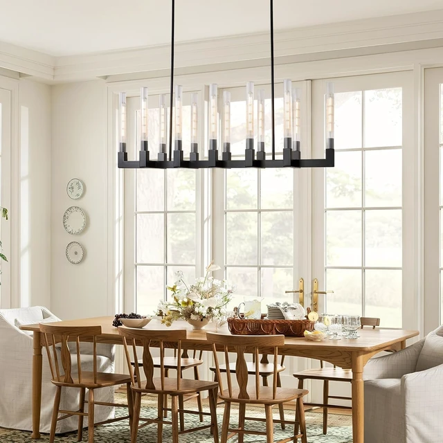 Alt view image 7 of 7 - Black Farmhouse Dining Room Chandelier,Modern Linear Rectangle Chandelier