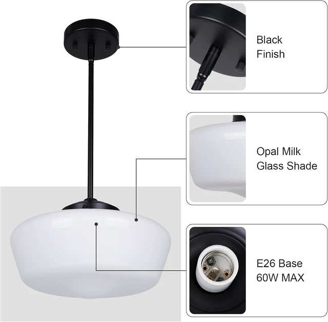Alt view image 2 of 7 - Schoolhouse Pendant Light Fixture, 12" Black Hanging Light with Opal Milk Glass Shade, Adjustable Farmhouse Globe Pendant Light for Kitchen Island, Dining Room, Hallway, Entryway, Laundry, Bedroom