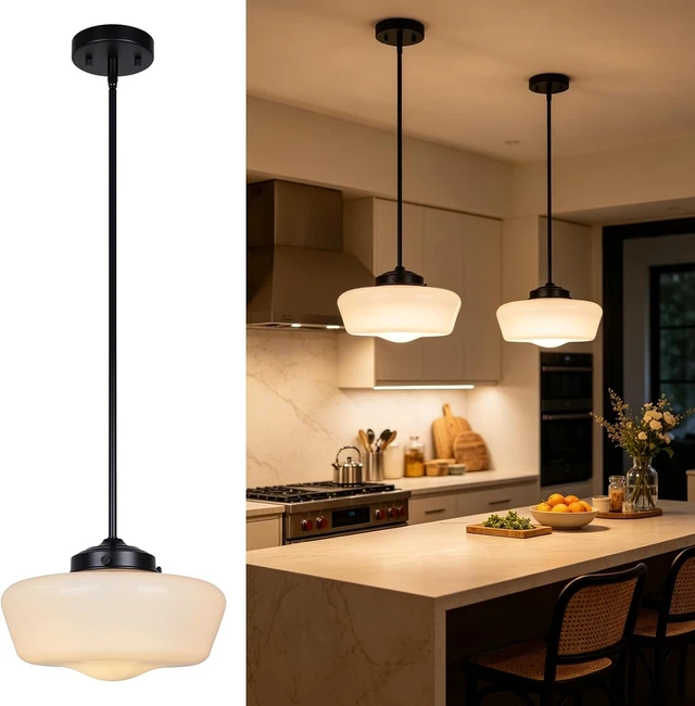 Main image of Schoolhouse Pendant Light Fixture, 12" Black Hanging Light with Opal Milk Glass Shade, Adjustable Farmhouse Globe Pendant Light for Kitchen Island, Dining Room, Hallway, Entryway, Laundry, Bedroom