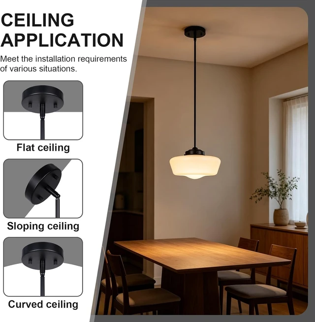Alt view image 5 of 7 - Schoolhouse Pendant Light Fixture, 12" Black Hanging Light with Opal Milk Glass Shade, Adjustable Farmhouse Globe Pendant Light for Kitchen Island, Dining Room, Hallway, Entryway, Laundry, Bedroom