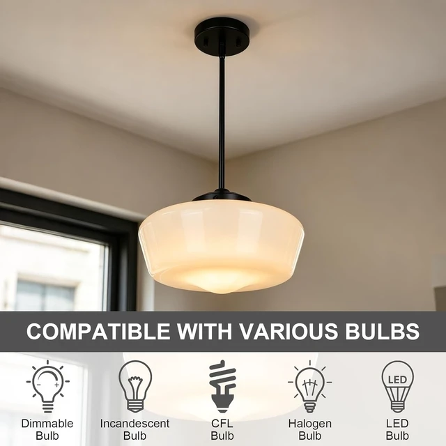Alt view image 4 of 7 - Schoolhouse Pendant Light Fixture, 12" Black Hanging Light with Opal Milk Glass Shade, Adjustable Farmhouse Globe Pendant Light for Kitchen Island, Dining Room, Hallway, Entryway, Laundry, Bedroom