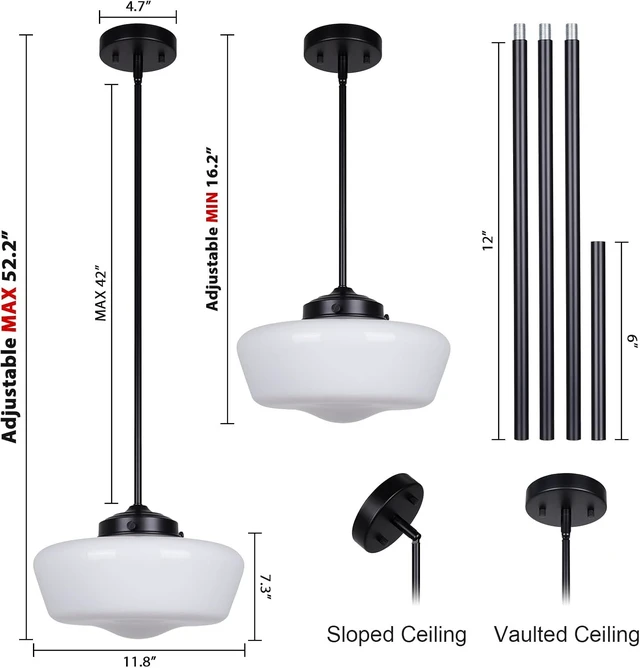 Alt view image 3 of 7 - Schoolhouse Pendant Light Fixture, 12" Black Hanging Light with Opal Milk Glass Shade, Adjustable Farmhouse Globe Pendant Light for Kitchen Island, Dining Room, Hallway, Entryway, Laundry, Bedroom