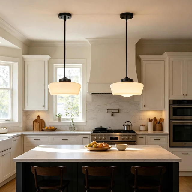 Alt view image 6 of 7 - Schoolhouse Pendant Light Fixture, 12" Black Hanging Light with Opal Milk Glass Shade, Adjustable Farmhouse Globe Pendant Light for Kitchen Island, Dining Room, Hallway, Entryway, Laundry, Bedroom