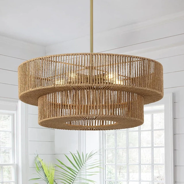 Main image of 22" Boho Rattan Chandelier, 5-Light Gold Pendant Light