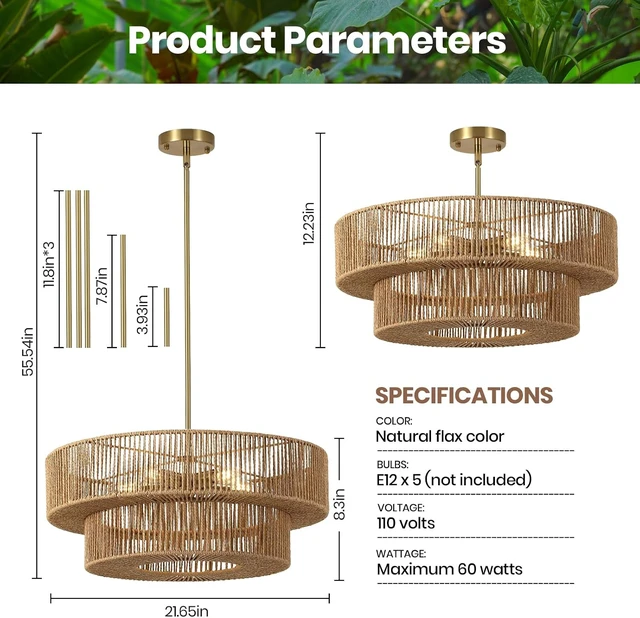 Alt view image 2 of 7 - 22" Boho Rattan Chandelier, 5-Light Gold Pendant Light