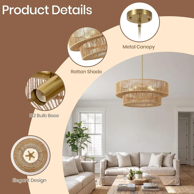 Alt view image 5 of 7 - 22" Boho Rattan Chandelier, 5-Light Gold Pendant Light