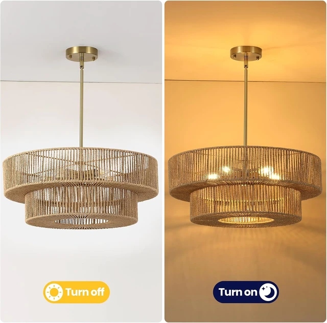 Alt view image 3 of 7 - 22" Boho Rattan Chandelier, 5-Light Gold Pendant Light