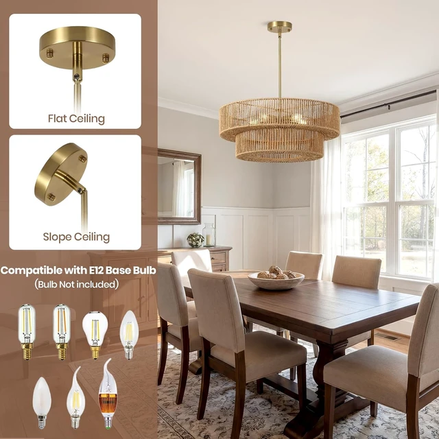 Alt view image 4 of 7 - 22" Boho Rattan Chandelier, 5-Light Gold Pendant Light