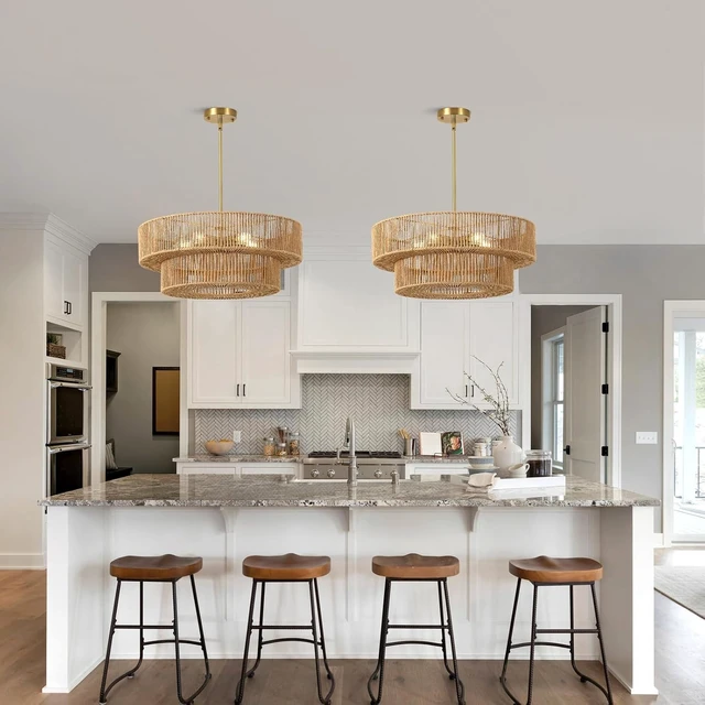 Alt view image 7 of 7 - 22" Boho Rattan Chandelier, 5-Light Gold Pendant Light