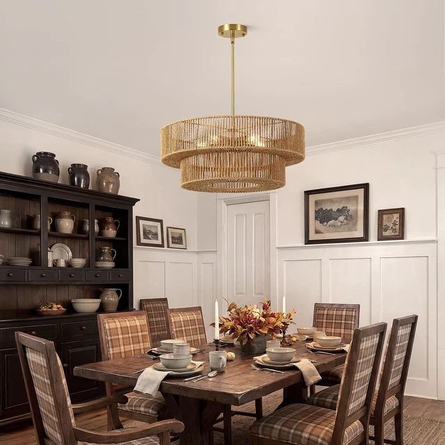 Alt view image 6 of 7 - 22" Boho Rattan Chandelier, 5-Light Gold Pendant Light