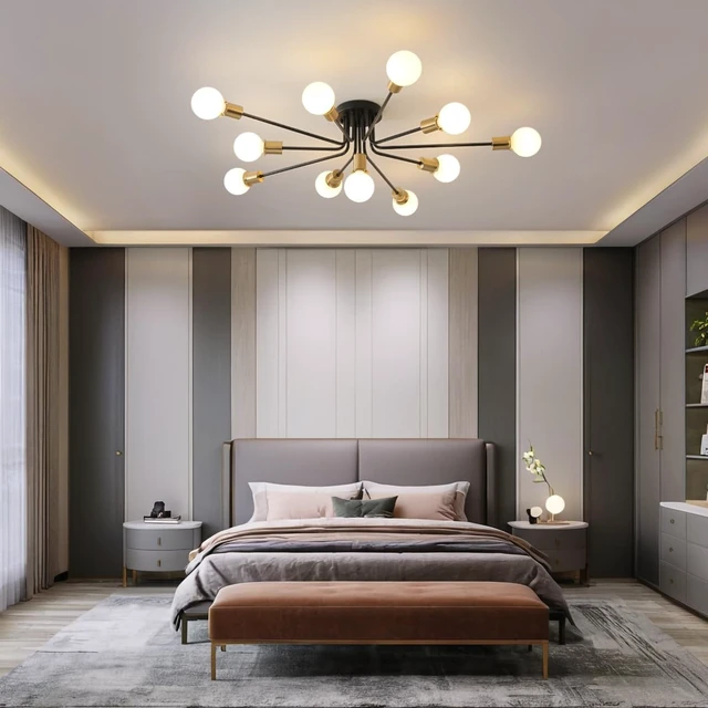 Alt view image 2 of 6 - 11-Lights Black and Gold Large Sputnik Ceiling Light Fixture,Modern Metal Semi Flush Mount Chandelier for Living Room Bedroom Office Dining Room Kitchen