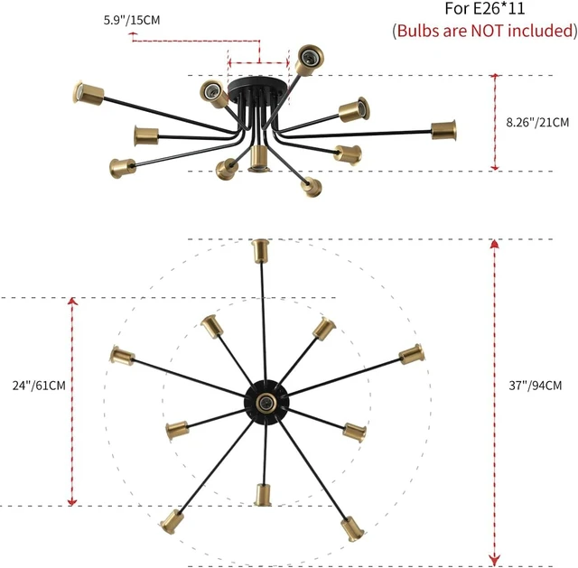 Alt view image 3 of 6 - 11-Lights Black and Gold Large Sputnik Ceiling Light Fixture,Modern Metal Semi Flush Mount Chandelier for Living Room Bedroom Office Dining Room Kitchen