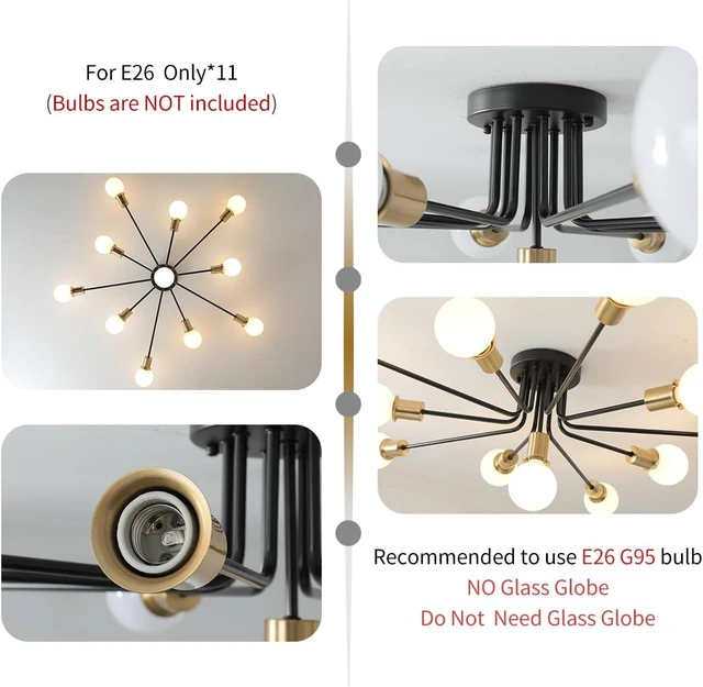Alt view image 5 of 6 - 11-Lights Black and Gold Large Sputnik Ceiling Light Fixture,Modern Metal Semi Flush Mount Chandelier for Living Room Bedroom Office Dining Room Kitchen