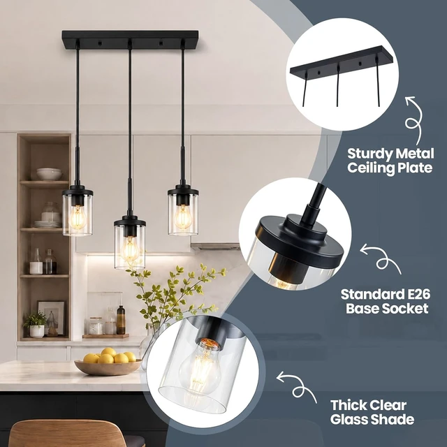 Alt view image 3 of 7 - 3-Light Pendant Light Fixtures, Modern Black Pendant Lights Kitchen Island, Adjustable Kitchen Island Lighting with Clear Glass Shade, Hanging Light Fixtures for Dining Room, Bedroom, Hallway