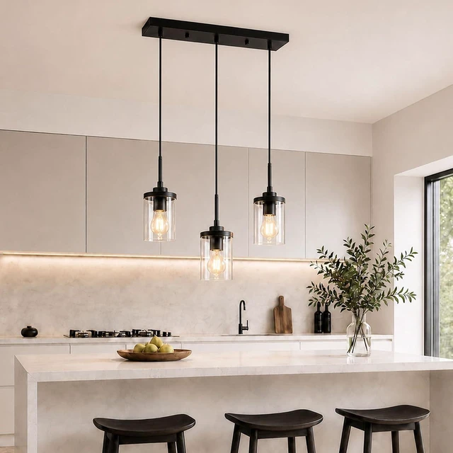 Main image of 3-Light Pendant Light Fixtures, Modern Black Pendant Lights Kitchen Island, Adjustable Kitchen Island Lighting with Clear Glass Shade, Hanging Light Fixtures for Dining Room, Bedroom, Hallway