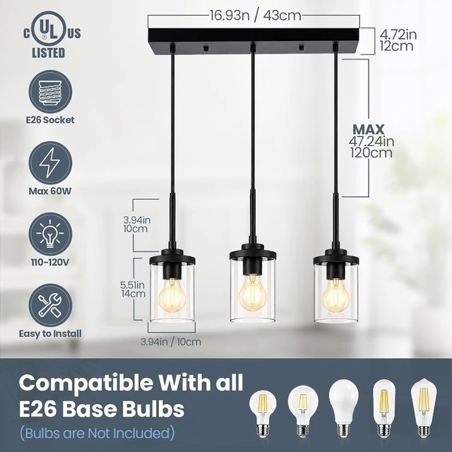 Alt view image 2 of 7 - 3-Light Pendant Light Fixtures, Modern Black Pendant Lights Kitchen Island, Adjustable Kitchen Island Lighting with Clear Glass Shade, Hanging Light Fixtures for Dining Room, Bedroom, Hallway