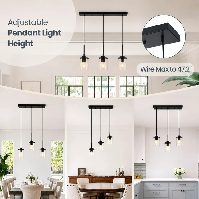 Alt view image 4 of 7 - 3-Light Pendant Light Fixtures, Modern Black Pendant Lights Kitchen Island, Adjustable Kitchen Island Lighting with Clear Glass Shade, Hanging Light Fixtures for Dining Room, Bedroom, Hallway