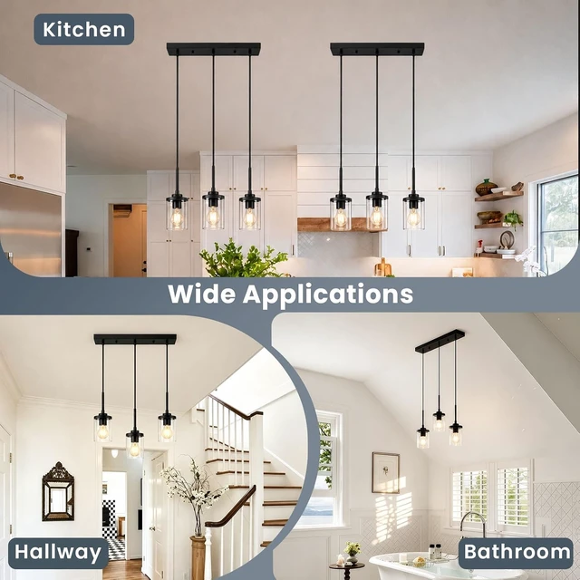 Alt view image 6 of 7 - 3-Light Pendant Light Fixtures, Modern Black Pendant Lights Kitchen Island, Adjustable Kitchen Island Lighting with Clear Glass Shade, Hanging Light Fixtures for Dining Room, Bedroom, Hallway