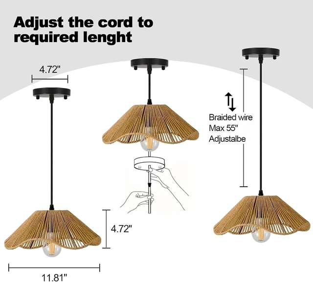 Alt view image 3 of 7 - Hard Wired Rattan Pendant Lights Set of 2,Kitchen Island Pendant Lights with 12 Flower Shade,Boho Handwoven Paper Rope Rattan Ceiling Light for Living Room Dining Room Restaurant Foryer