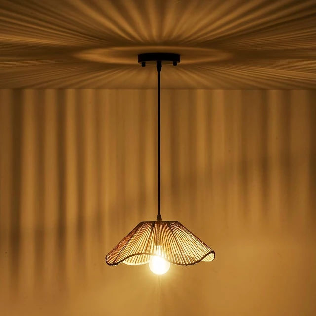 Alt view image 4 of 7 - Hard Wired Rattan Pendant Lights Set of 2,Kitchen Island Pendant Lights with 12 Flower Shade,Boho Handwoven Paper Rope Rattan Ceiling Light for Living Room Dining Room Restaurant Foryer