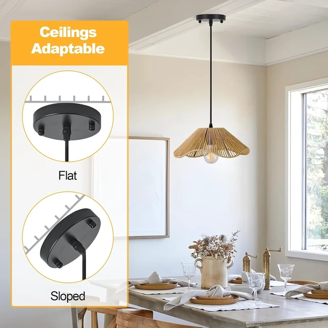Alt view image 5 of 7 - Hard Wired Rattan Pendant Lights Set of 2,Kitchen Island Pendant Lights with 12 Flower Shade,Boho Handwoven Paper Rope Rattan Ceiling Light for Living Room Dining Room Restaurant Foryer
