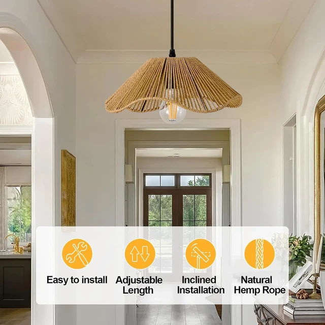 Alt view image 2 of 7 - Hard Wired Rattan Pendant Lights Set of 2,Kitchen Island Pendant Lights with 12 Flower Shade,Boho Handwoven Paper Rope Rattan Ceiling Light for Living Room Dining Room Restaurant Foryer