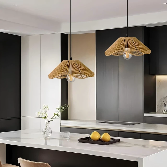 Alt view image 6 of 7 - Hard Wired Rattan Pendant Lights Set of 2,Kitchen Island Pendant Lights with 12 Flower Shade,Boho Handwoven Paper Rope Rattan Ceiling Light for Living Room Dining Room Restaurant Foryer