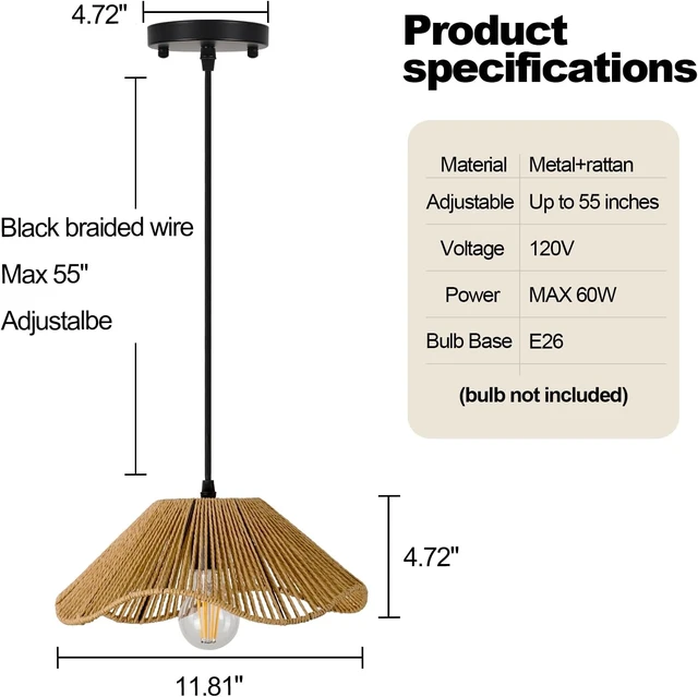 Alt view image 7 of 7 - Hard Wired Rattan Pendant Lights Set of 2,Kitchen Island Pendant Lights with 12 Flower Shade,Boho Handwoven Paper Rope Rattan Ceiling Light for Living Room Dining Room Restaurant Foryer