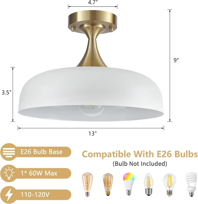 Alt view image 7 of 7 - 13" Semi Flush Mount Ceiling Light Gold & White Light Fixture for Hallway
