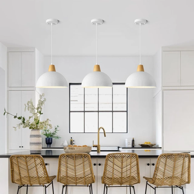 Alt view image 2 of 7 - White Pendant Light Kitchen Island, 11.8" Wood Pendant Light Modern Farmhouse Dome Hanging Light for Dining Room Bedroom Bar Sink