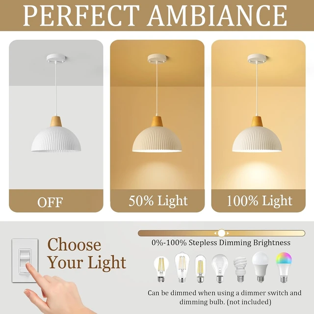 Alt view image 5 of 7 - White Pendant Light Kitchen Island, 11.8" Wood Pendant Light Modern Farmhouse Dome Hanging Light for Dining Room Bedroom Bar Sink