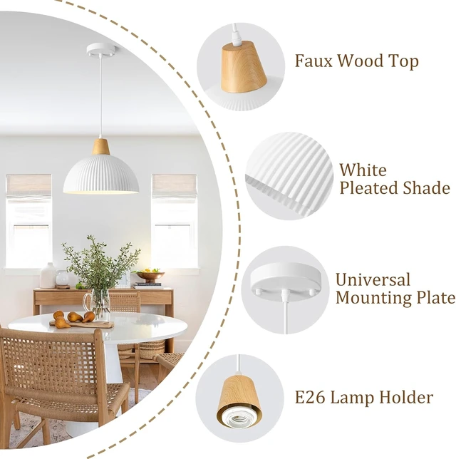 Alt view image 3 of 7 - White Pendant Light Kitchen Island, 11.8" Wood Pendant Light Modern Farmhouse Dome Hanging Light for Dining Room Bedroom Bar Sink