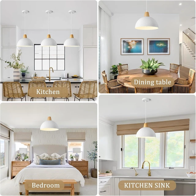 Alt view image 7 of 7 - White Pendant Light Kitchen Island, 11.8" Wood Pendant Light Modern Farmhouse Dome Hanging Light for Dining Room Bedroom Bar Sink