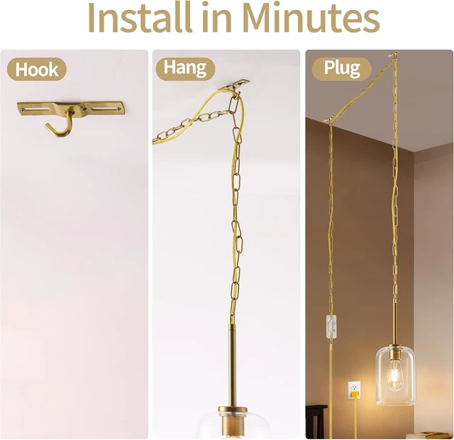 Alt view image 5 of 7 - Plug in Pendant Light with Clear Glass Shade, 15FT Cord & 11.8FT Chain, Adjustable Hanging Light, Inline On/Off Switch, Hanging Lamp for Kitchen Island, Bedroom, Dining Room, Living Room