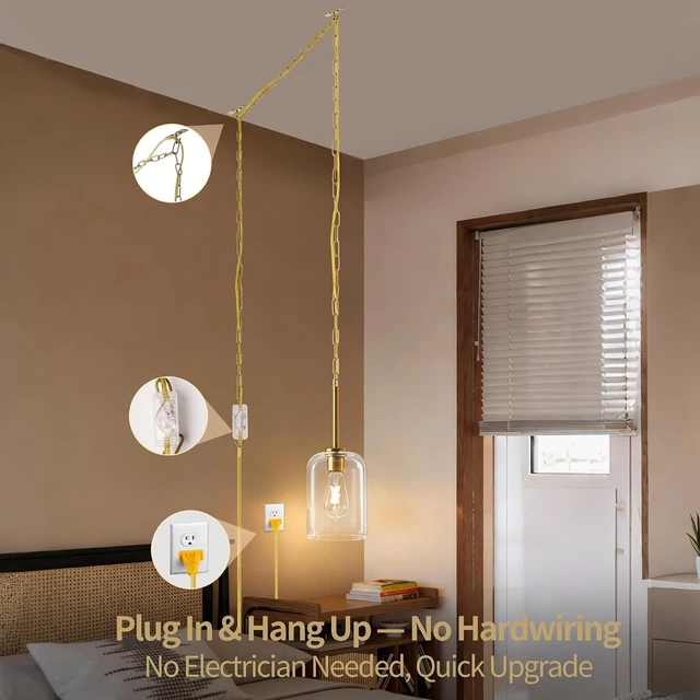 Alt view image 2 of 7 - Plug in Pendant Light with Clear Glass Shade, 15FT Cord & 11.8FT Chain, Adjustable Hanging Light, Inline On/Off Switch, Hanging Lamp for Kitchen Island, Bedroom, Dining Room, Living Room