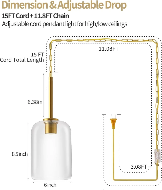 Alt view image 3 of 7 - Plug in Pendant Light with Clear Glass Shade, 15FT Cord & 11.8FT Chain, Adjustable Hanging Light, Inline On/Off Switch, Hanging Lamp for Kitchen Island, Bedroom, Dining Room, Living Room